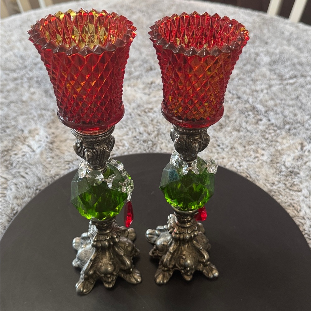 Hollywood‎ Regency Green Lucite 8" Candlestick Holders Candles Mid Century Pair - Picture 4 of 15